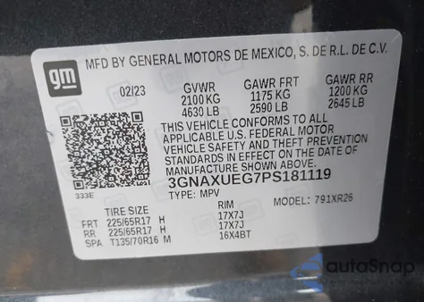 2023 Chevrolet Equinox Awd Lt z USA, uszkodzony, nr VIN 3GNAXUEG7PS181119